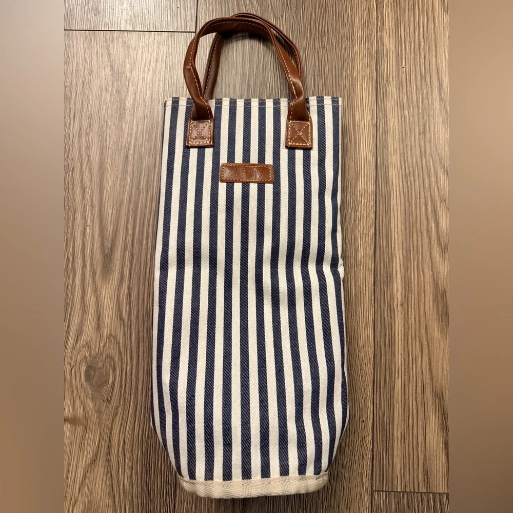 Navy Striped Wine Tote with Leather Handles